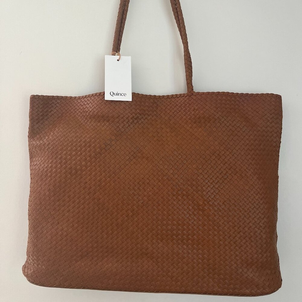 Quince Italian Leather Handwoven Tote (color:Cognac)